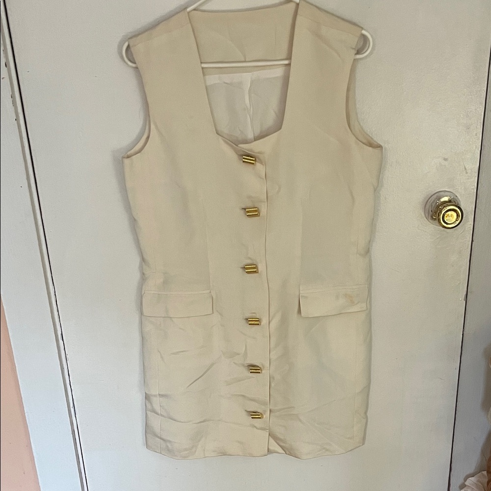 Cream Sleeveless Button Front Dress with Gold Accents